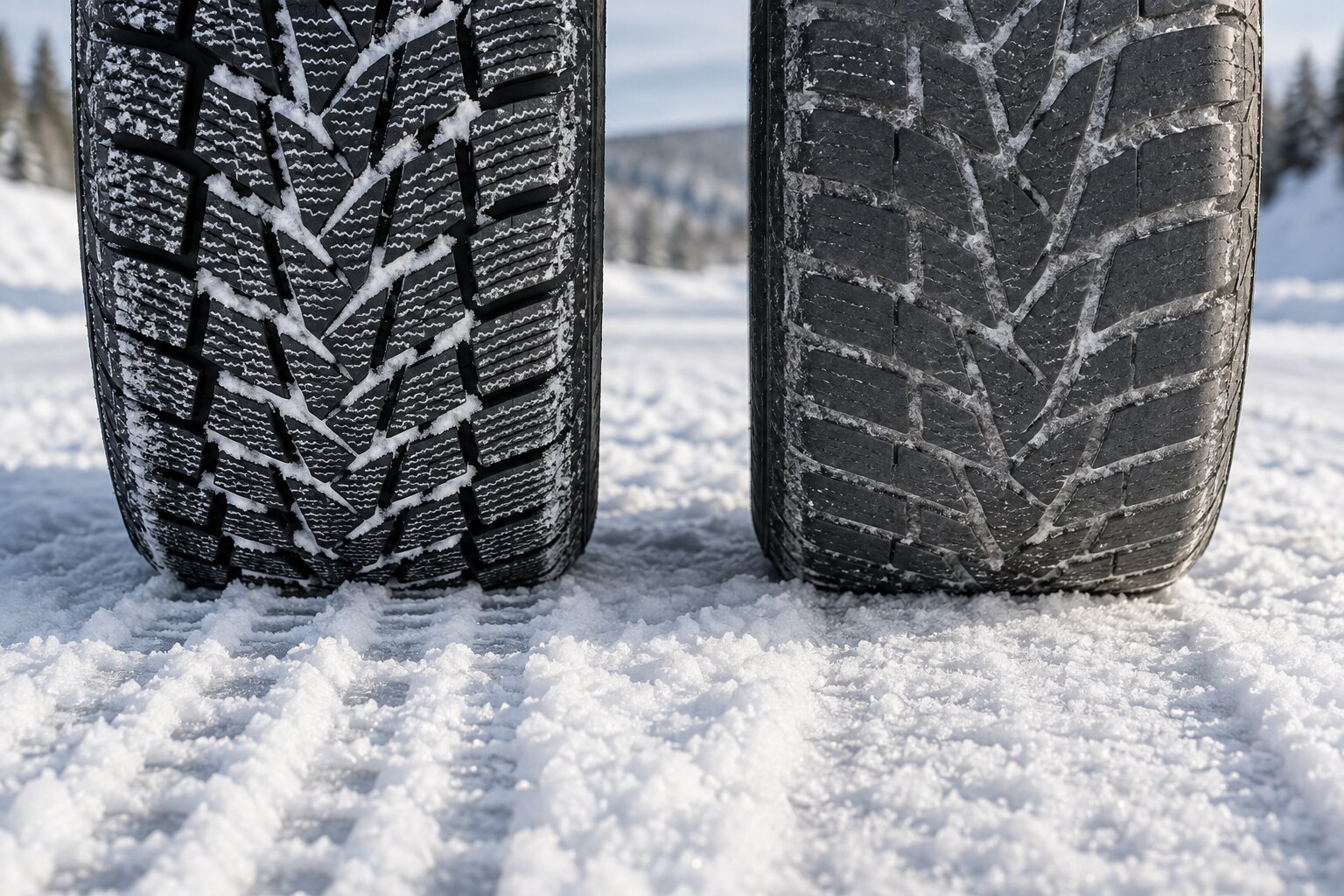 Pisos de pneus de inverno, um profundo e com lamelas e outro gasto, sobre neve compactada